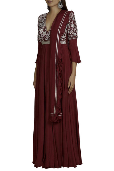 Maroon Chanderi Anarkali With Dupatta