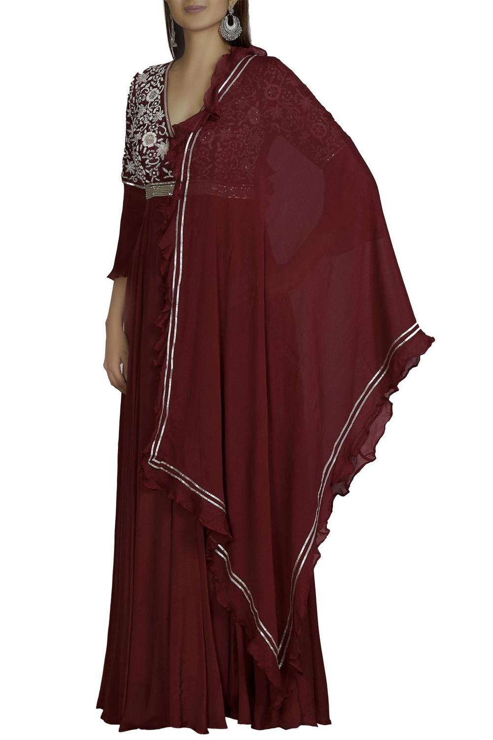 Maroon Chanderi Anarkali With Dupatta