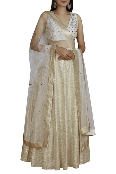 Off White Blouse Chanderi Lehenga Set