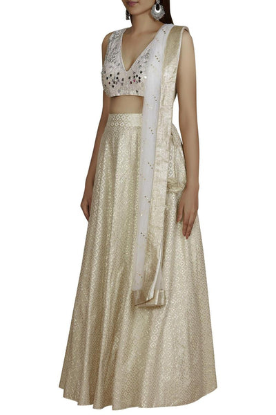 Off White Blouse Chanderi Lehenga Set