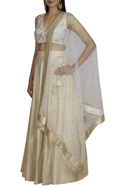 Off White Blouse Chanderi Lehenga Set