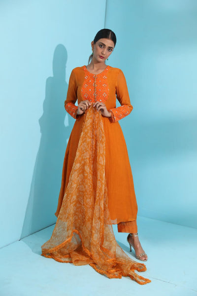 Orange Chanderi Silk Embroidered Dori Round Anarkali Set For Women