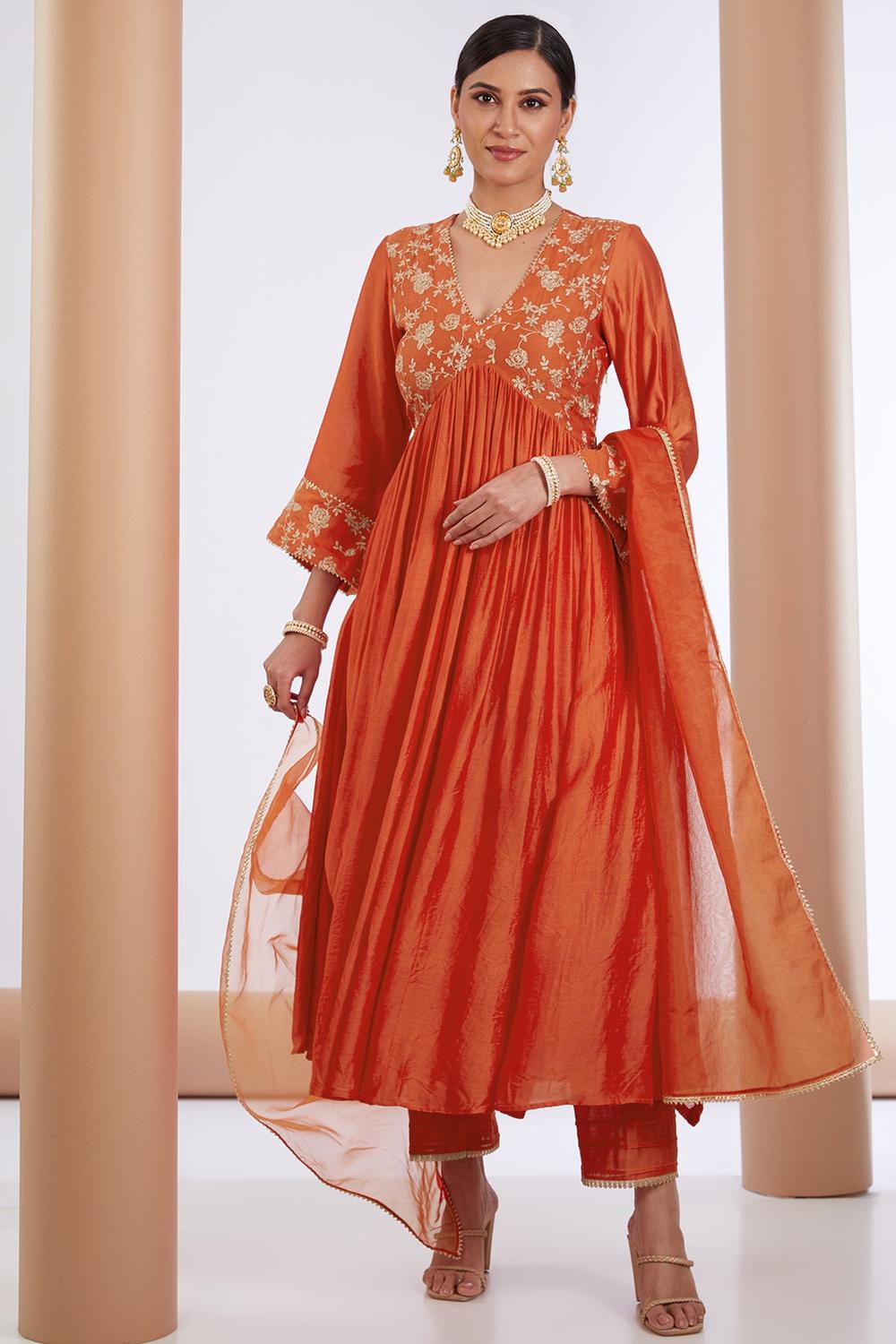 Orange Chanderi Silk Floral Embroidered Anarkali Pant Set