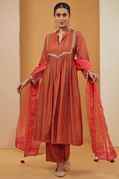 Orange Chanderi Silk Print Geometric Jaal Notched Neck Kurta Pant Set For Women