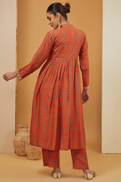 Orange Chanderi Silk Print Geometric Jaal Notched Neck Kurta Pant Set For Women