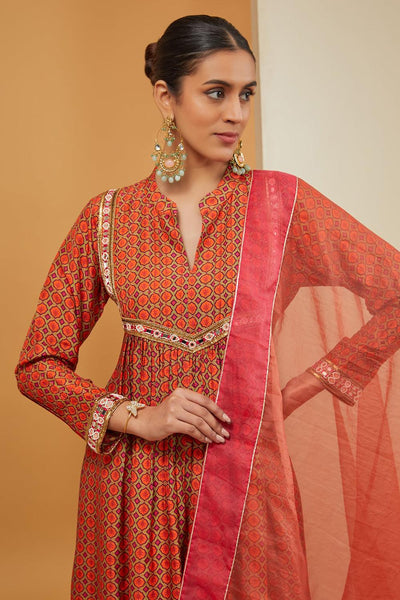 Orange Chanderi Silk Print Geometric Jaal Notched Neck Kurta Pant Set For Women