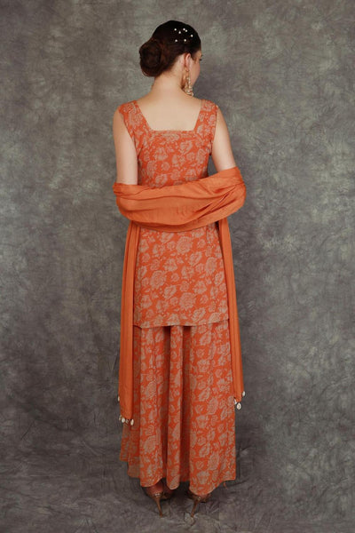 Orange Chinon Floral Print Sharara Set (RO)