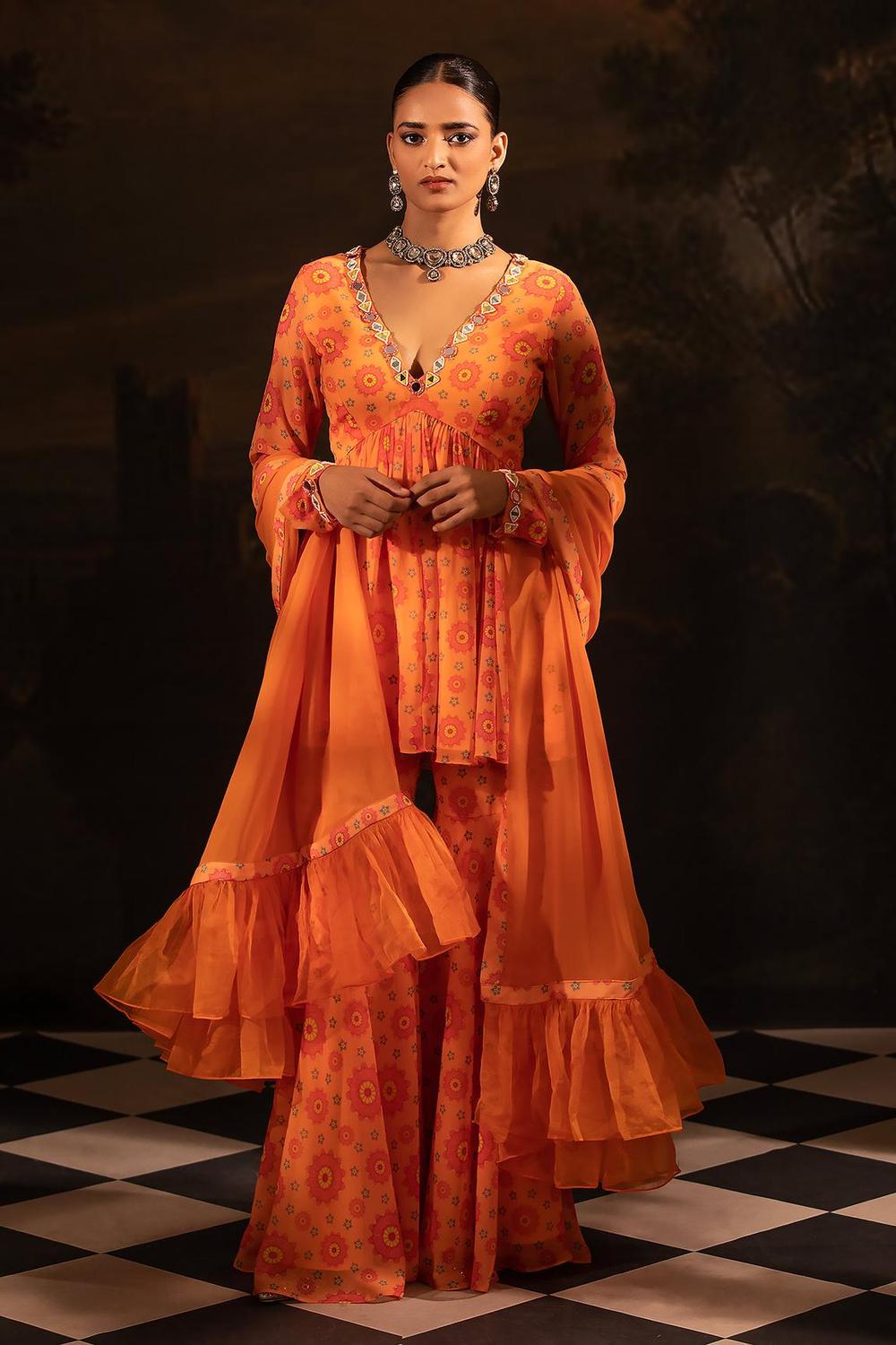 Orange Georgette Floral Print Kurta Gharara Set