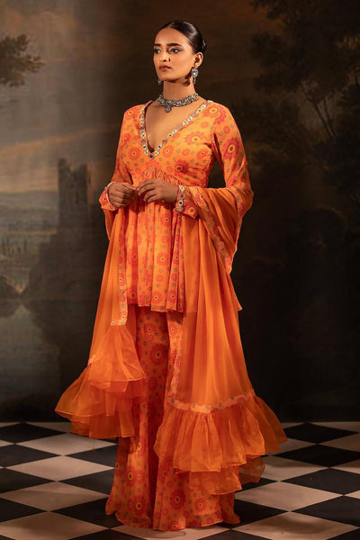 Orange Georgette Floral Print Kurta Gharara Set