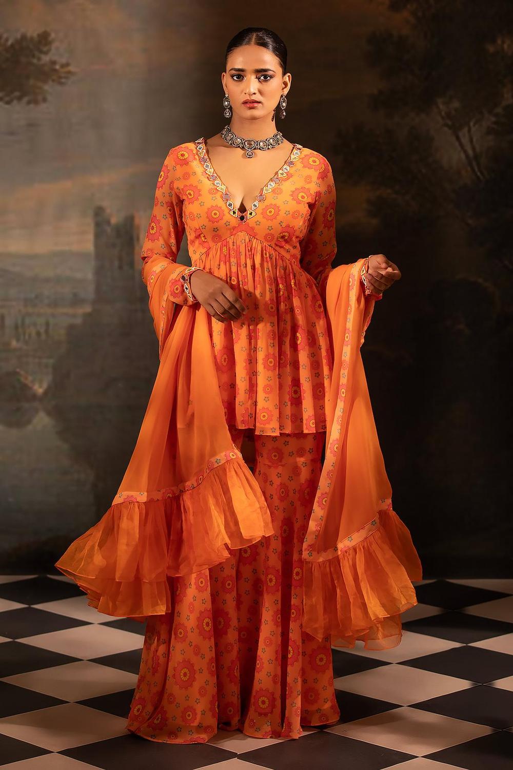 Orange Georgette Floral Print Kurta Gharara Set