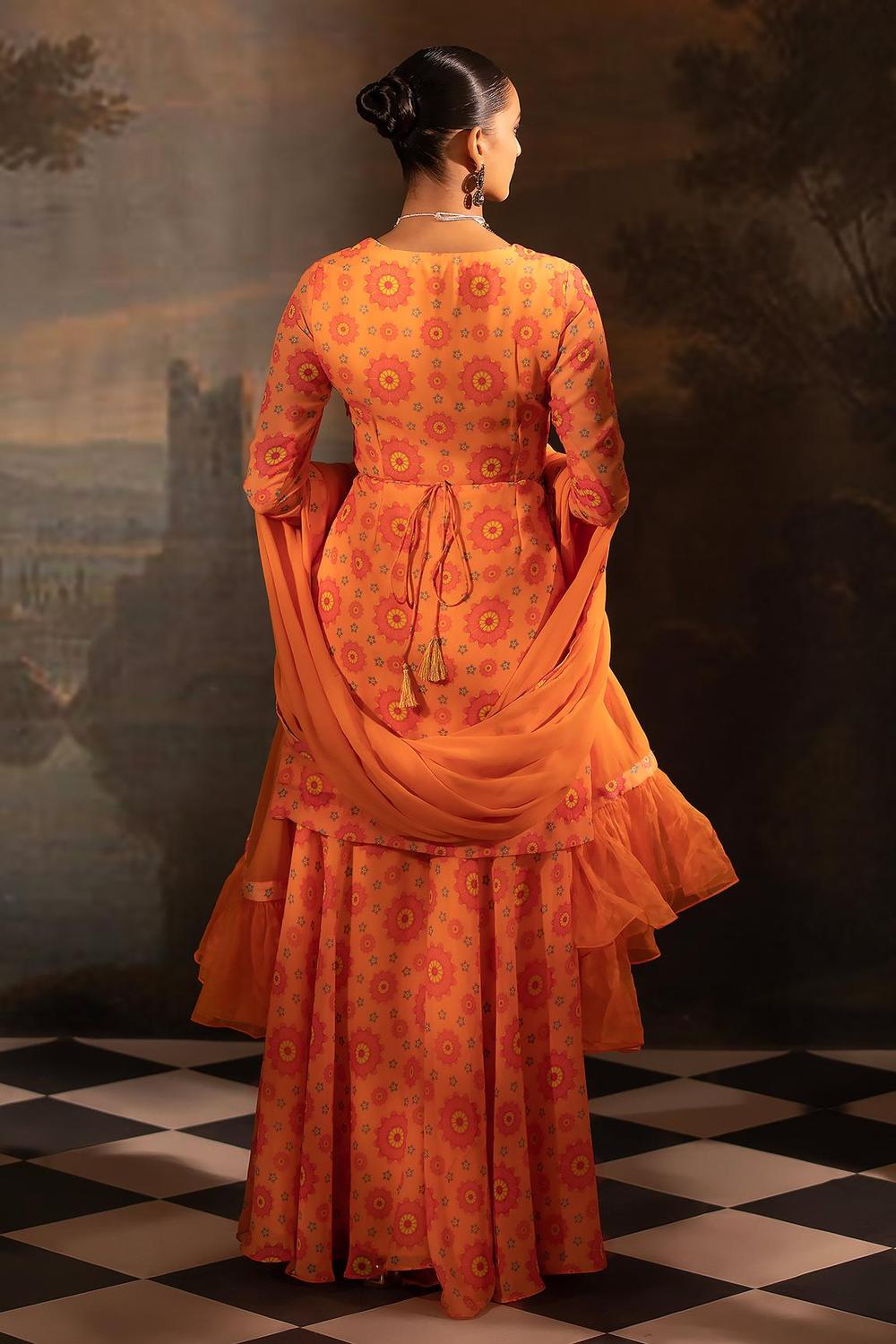 Orange Georgette Floral Print Kurta Gharara Set