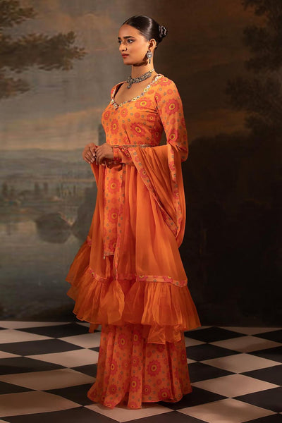 Orange Georgette Floral Print Kurta Gharara Set