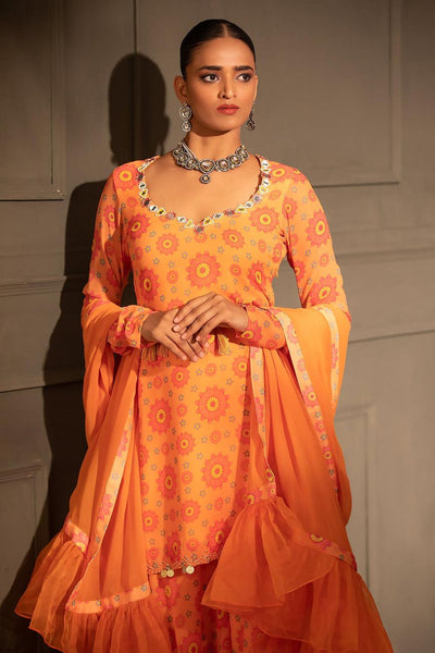 Orange Georgette Flower Print Kurta Gharara Set