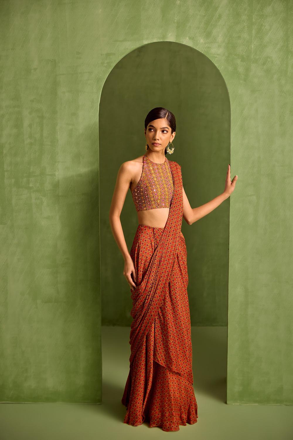 Orange Viscose Chinon Geometric Printed Pre-draped Saree With Embroidered Blouse