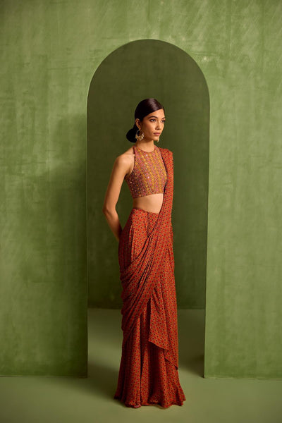 Orange Viscose Chinon Geometric Printed Pre-draped Saree With Embroidered Blouse