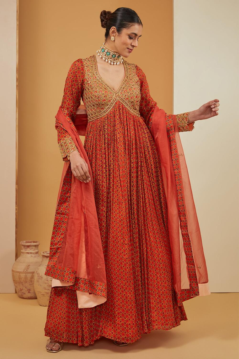 Orange Viscose Chinon Print Geometric Jaal V Anarkali With Dupatta For Women