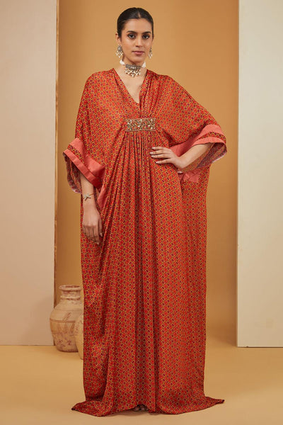 Orange Viscose Chinon Print Geometric Jaal V Neck Kaftan For Women