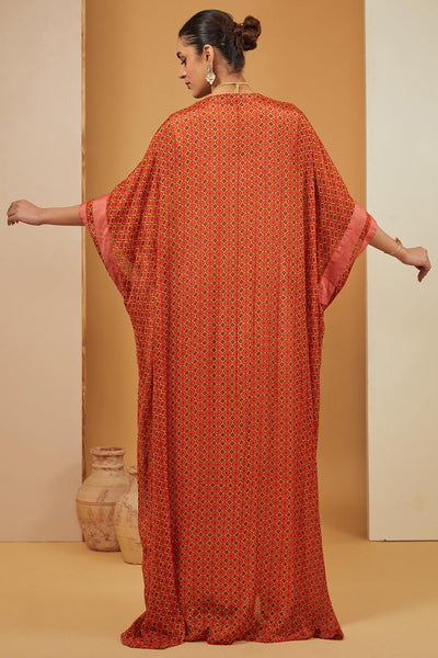 Orange Viscose Chinon Print Geometric Jaal V Neck Kaftan For Women