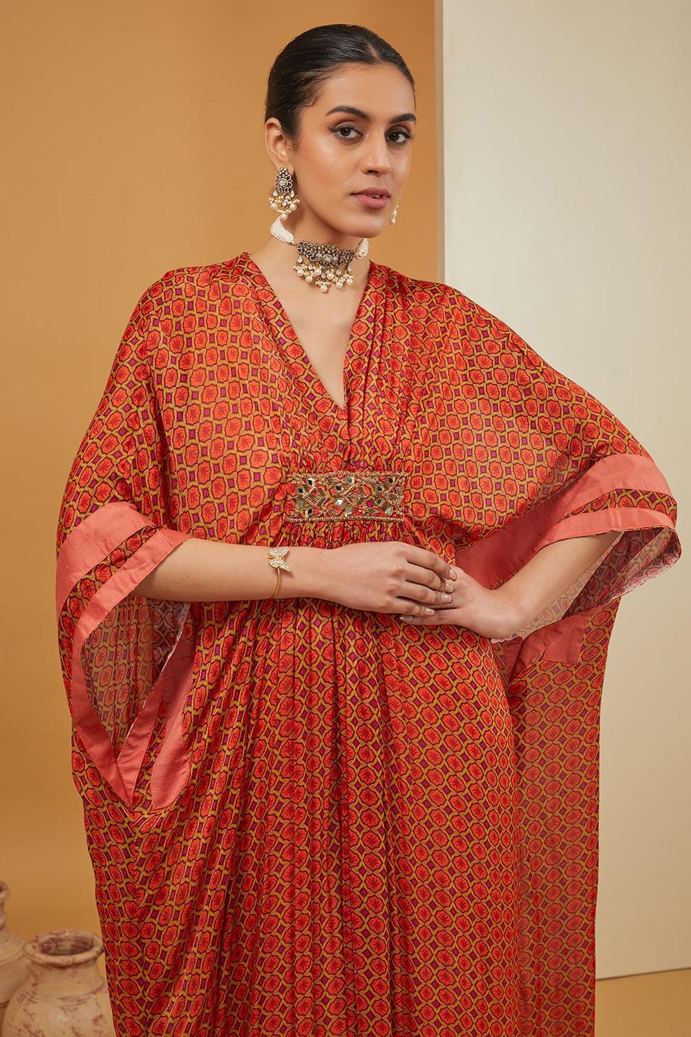 Orange Viscose Chinon Print Geometric Jaal V Neck Kaftan For Women