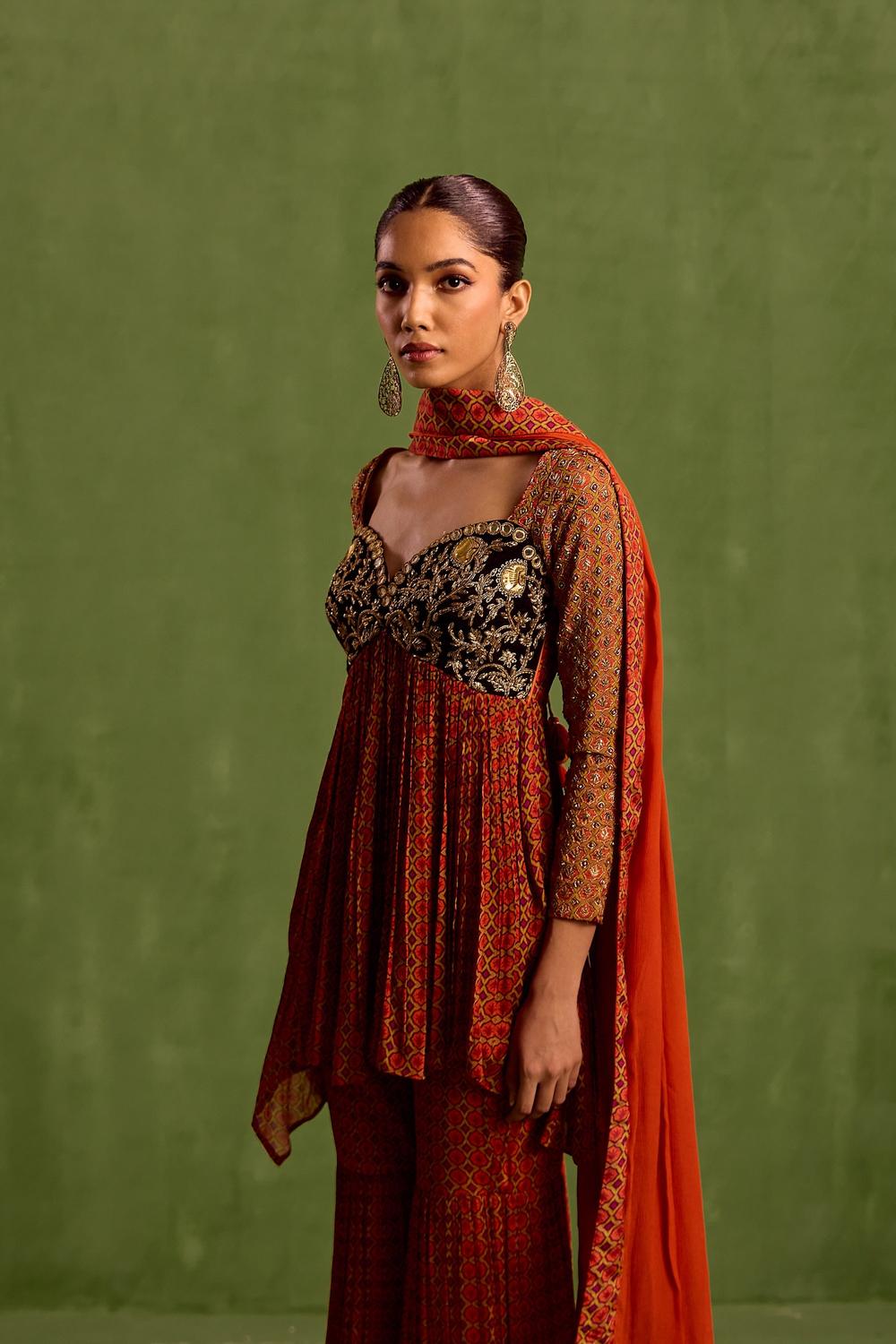 Orange Viscose Chinon Print Hand Embroidered Yoke Asymmetric Kurta Gharara Set