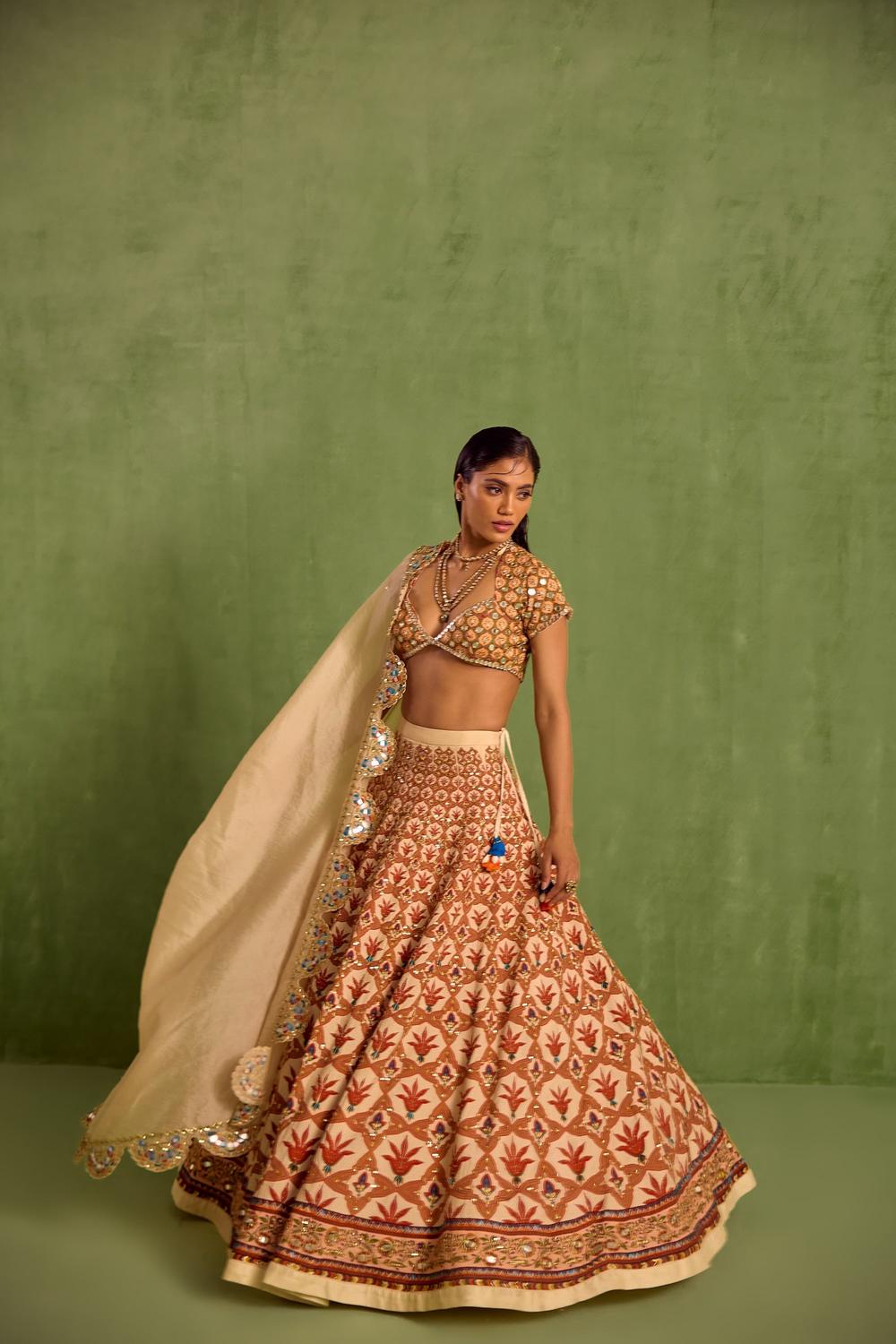 Orange Viscose Raw Silk Embellished Bead Floral Mughal Printed Lehenga Set