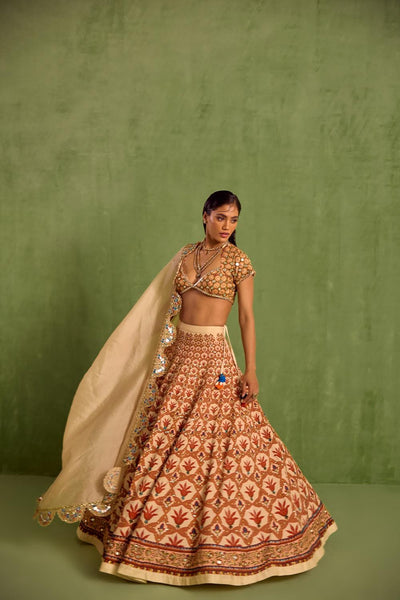 Orange Viscose Raw Silk Embellished Bead Floral Mughal Printed Lehenga Set