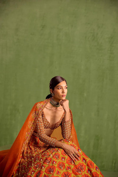 Orange Viscose Raw Silk Embellished Floral Geometric Mughal Printed Lehenga Set