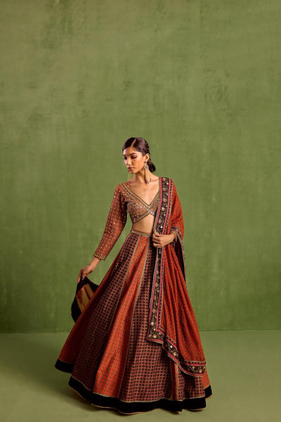 Orange Viscose Raw Silk Floral Geometric Printed Panelled Lehenga Set