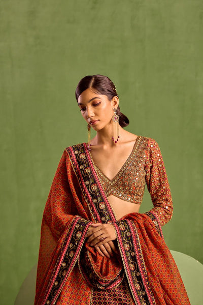 Orange Viscose Raw Silk Floral Geometric Printed Panelled Lehenga Set