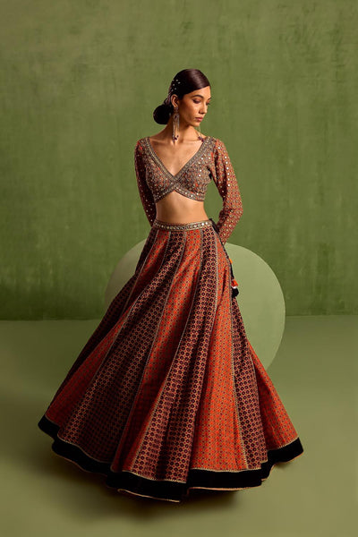 Orange Viscose Raw Silk Floral Geometric Printed Panelled Lehenga Set