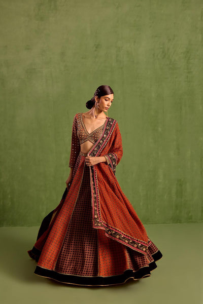 Orange Viscose Raw Silk Floral Geometric Printed Panelled Lehenga Set