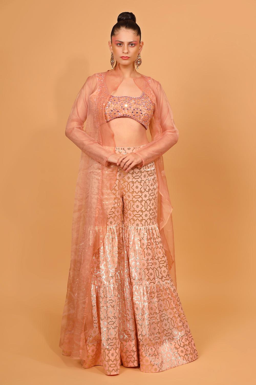 Peach Banarasi Chanderi Sharara Set With Cape