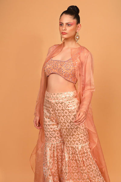 Peach Banarasi Chanderi Sharara Set With Cape