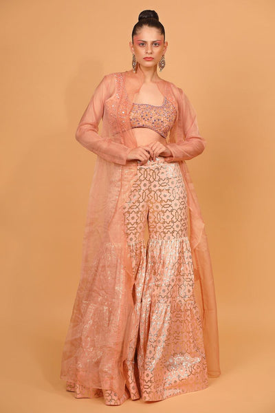 Peach Banarasi Chanderi Sharara Set With Cape