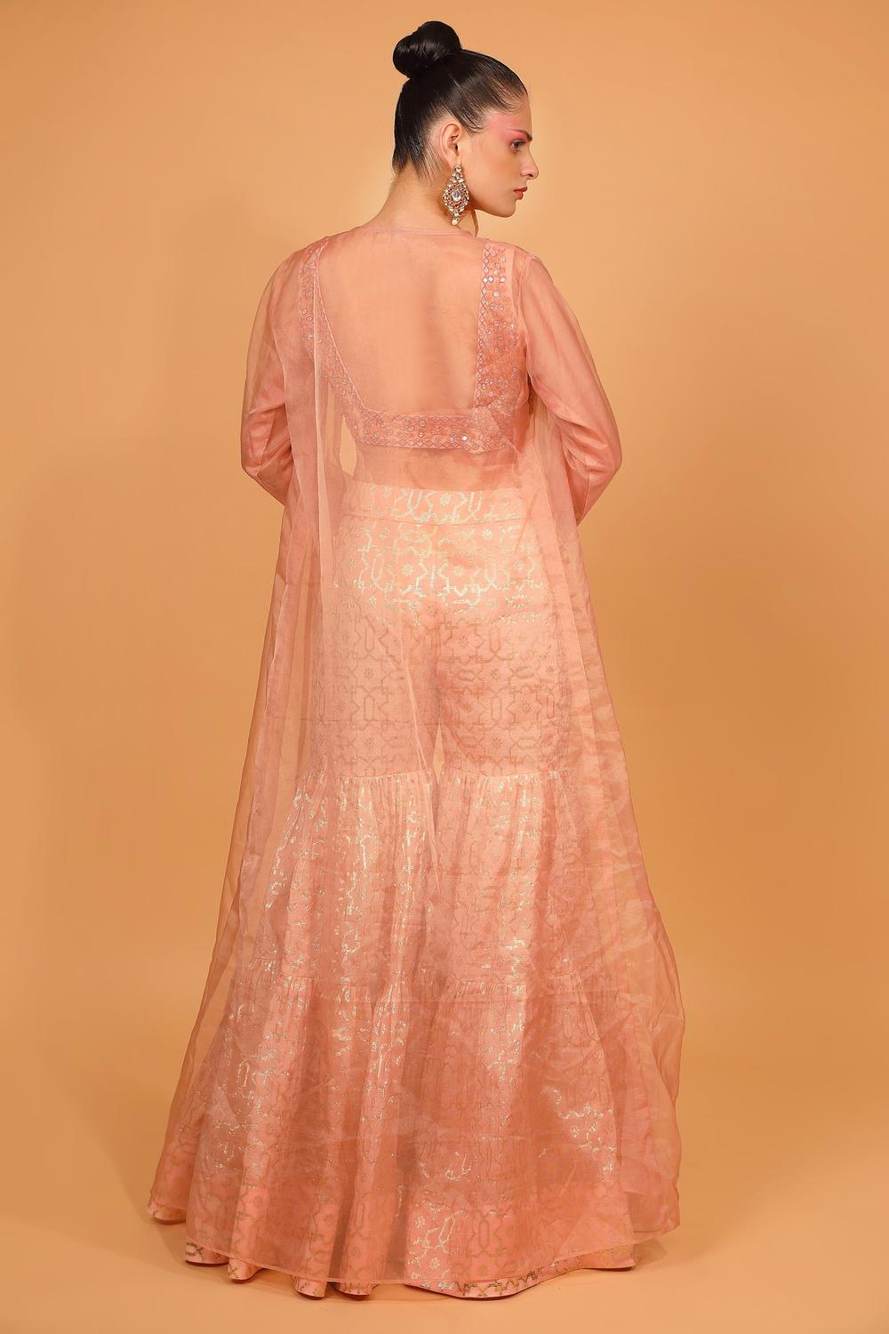 Peach Banarasi Chanderi Sharara Set With Cape