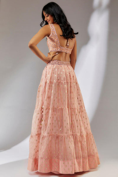 Peach banarasi organza mirror embroidered tiered lehenga set