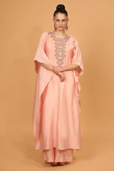 Peach Chanderi Silk Kaftan Kurta And Palazzo Set