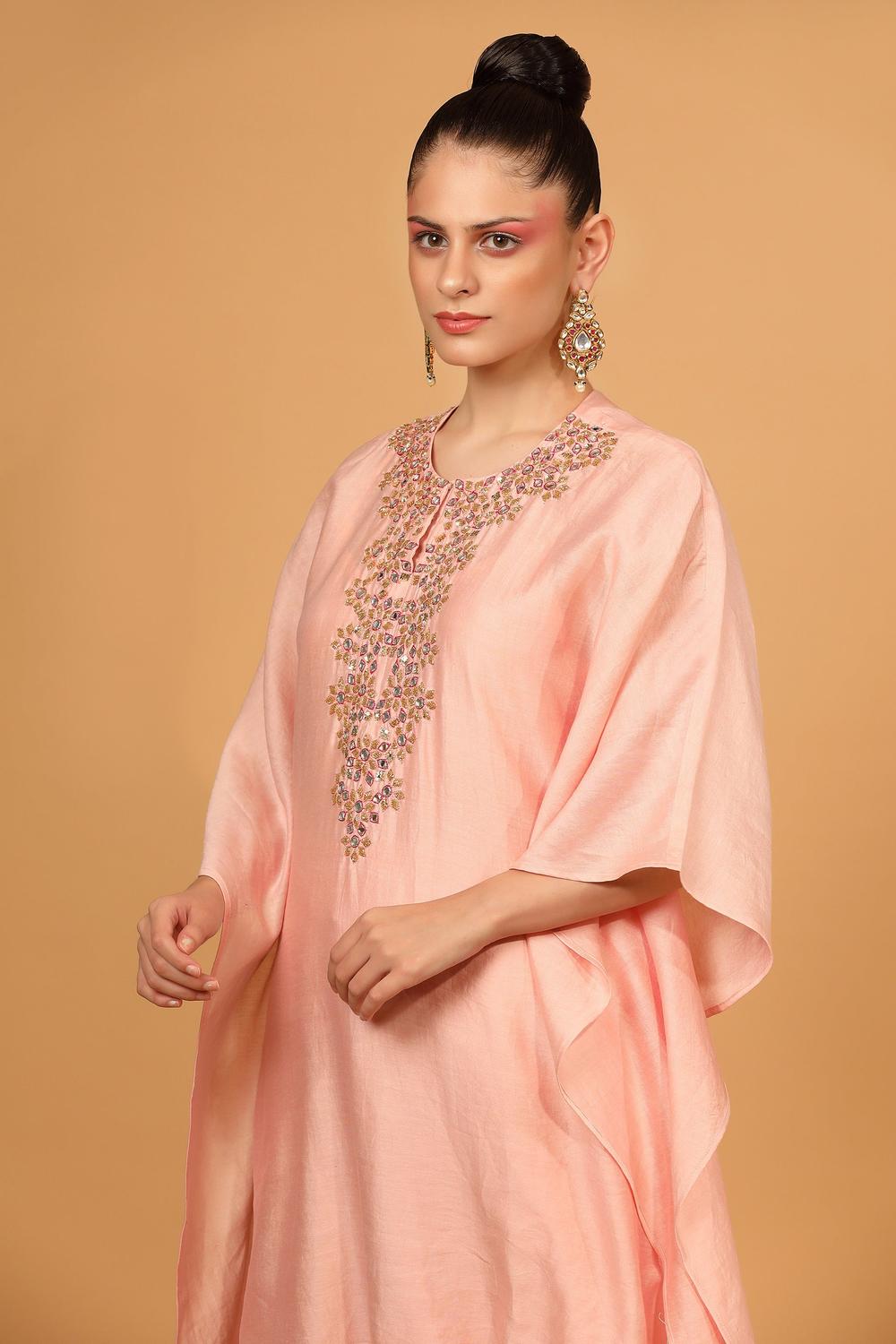 Peach Chanderi Silk Kaftan Kurta And Palazzo Set