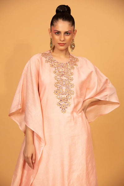 Peach Chanderi Silk Kaftan Kurta And Palazzo Set