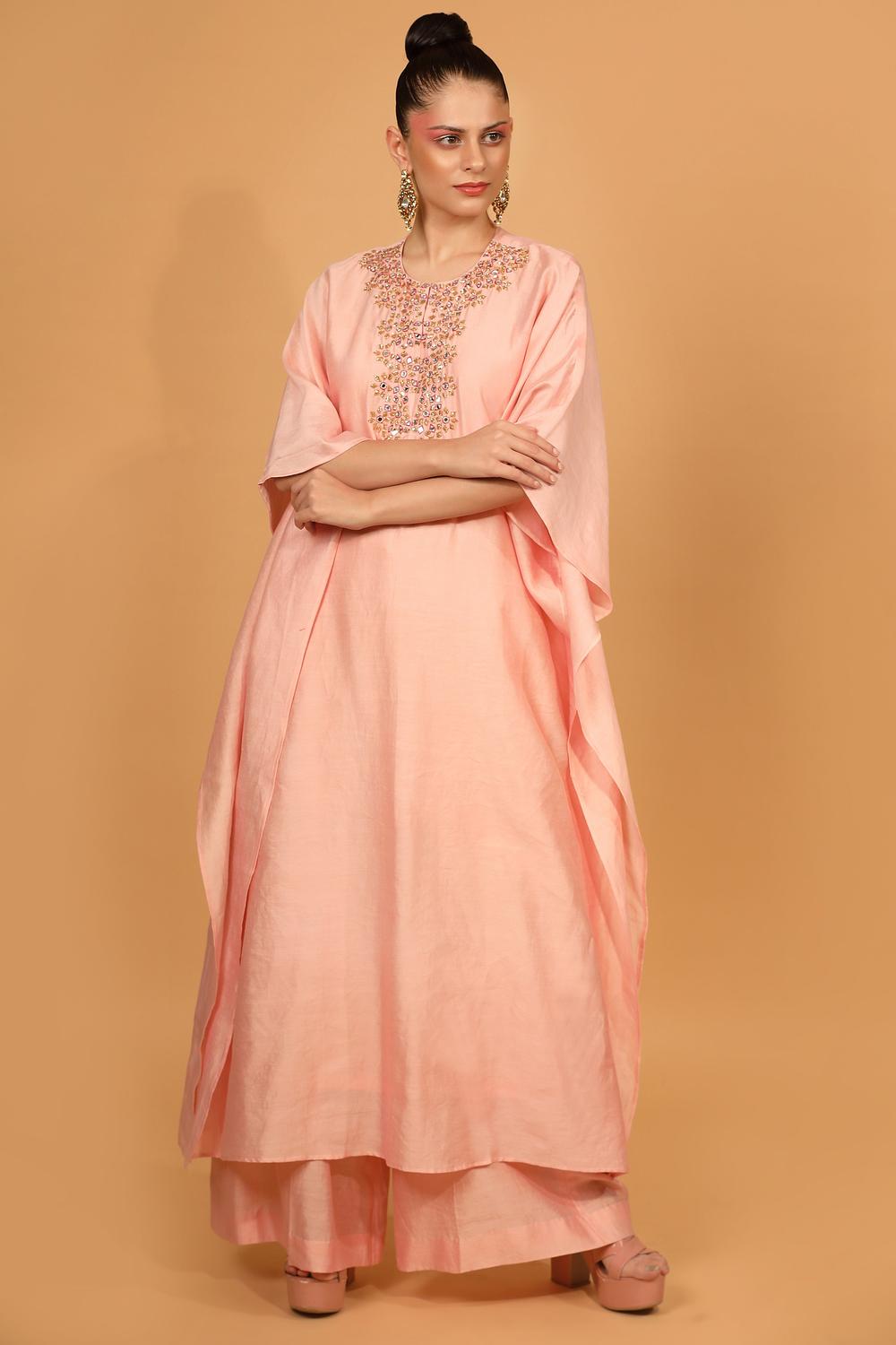 Peach Chanderi Silk Kaftan Kurta And Palazzo Set