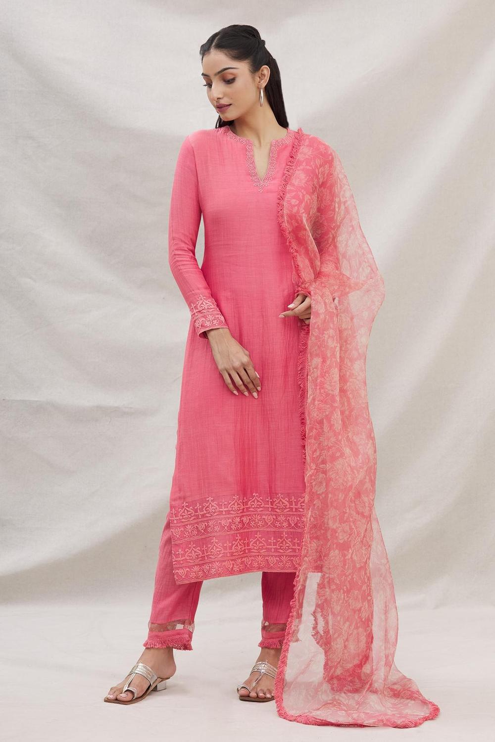 Peach Chanderi Silk Kurta Pant Set