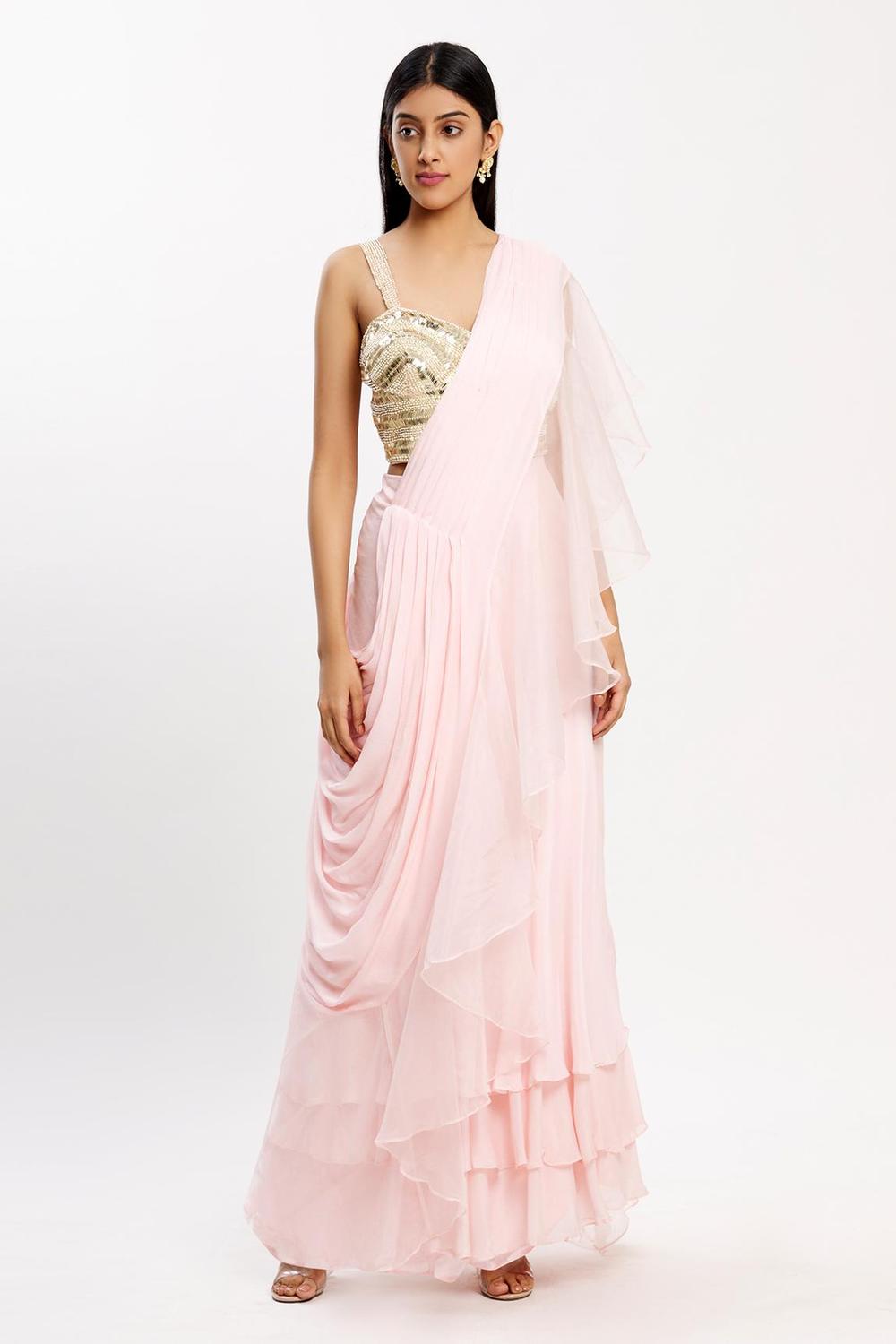 Peach Chiffon Organza Ruffle Pre-draped Saree