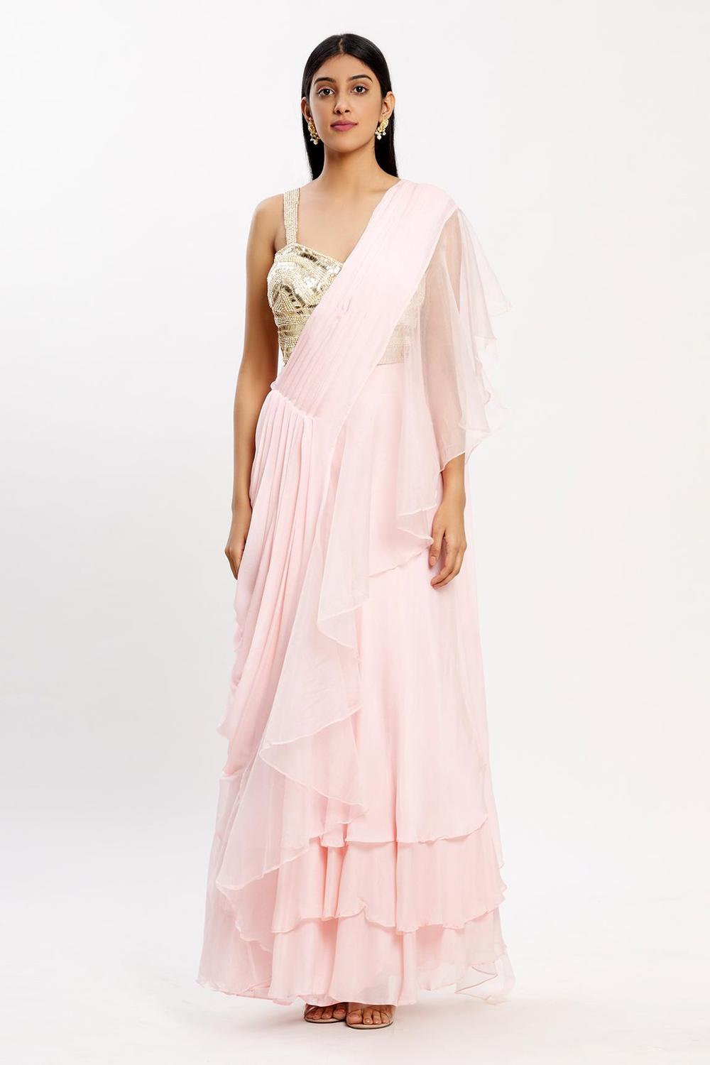 Peach Chiffon Organza Ruffle Pre-draped Saree