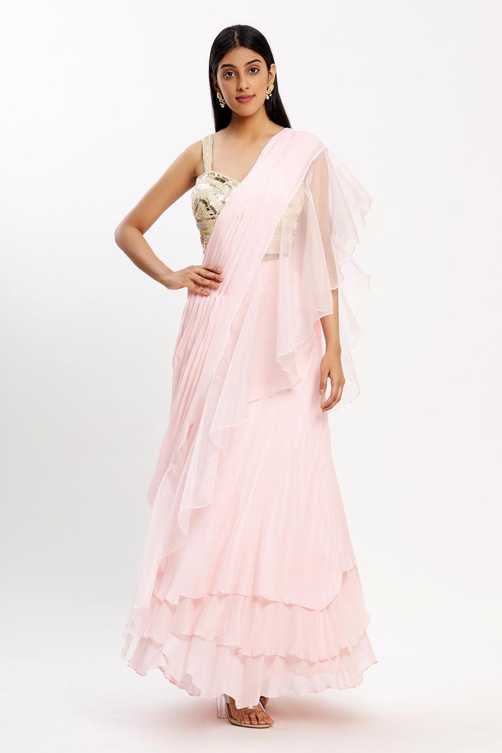 Peach Chiffon Organza Ruffle Pre-draped Saree