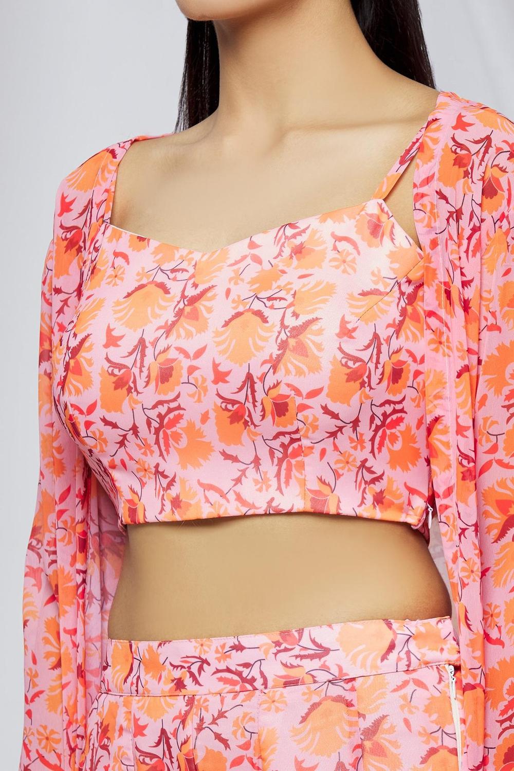 Peach Floral Print Jacket And Pant Set