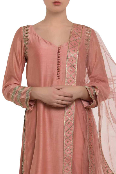 Peach Mukaish Embroidered Kurta Set