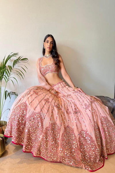 Peach Net Mirror Embroidered Lehenga Set