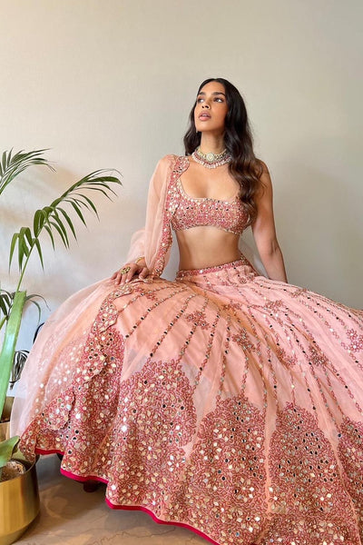 Peach Net Mirror Embroidered Lehenga Set