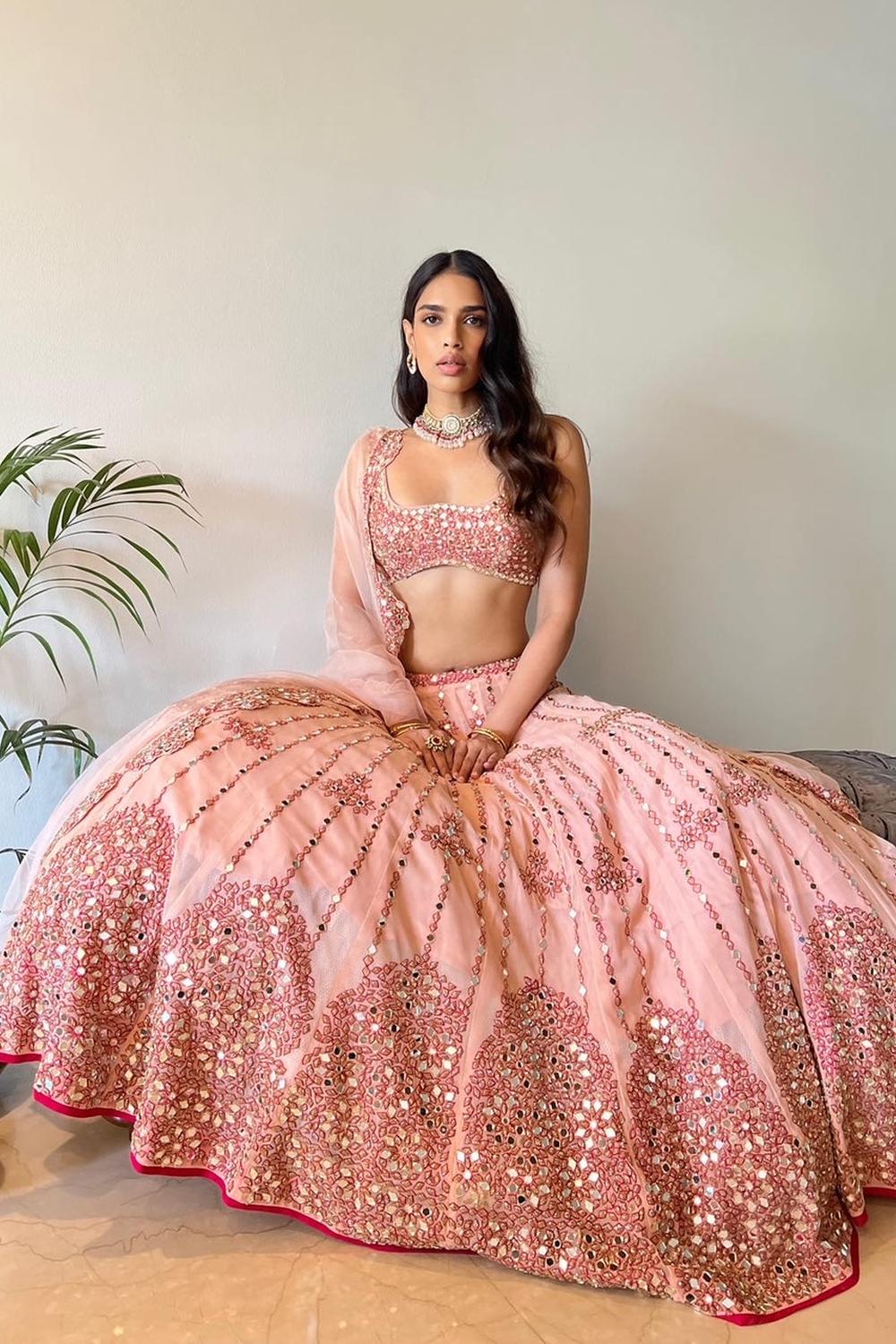 Peach Net Mirror Embroidered Lehenga Set