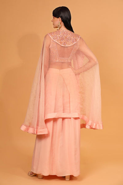 Peach Organza Embroidered Cape With Dhoti Pant Set